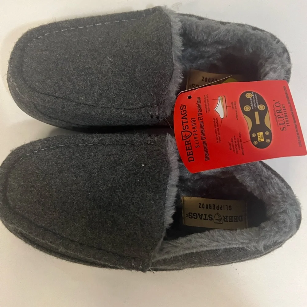 Deer‎ Stags Kids Gray Comfy Moccasin Slippers with plush Lining Size 5, NWT